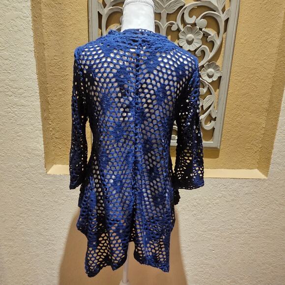 Sand & Spirit S Blue Crochet Pullover Boho Open Knit Sweater Tunic Artsy Chic - Picture 4 of 10